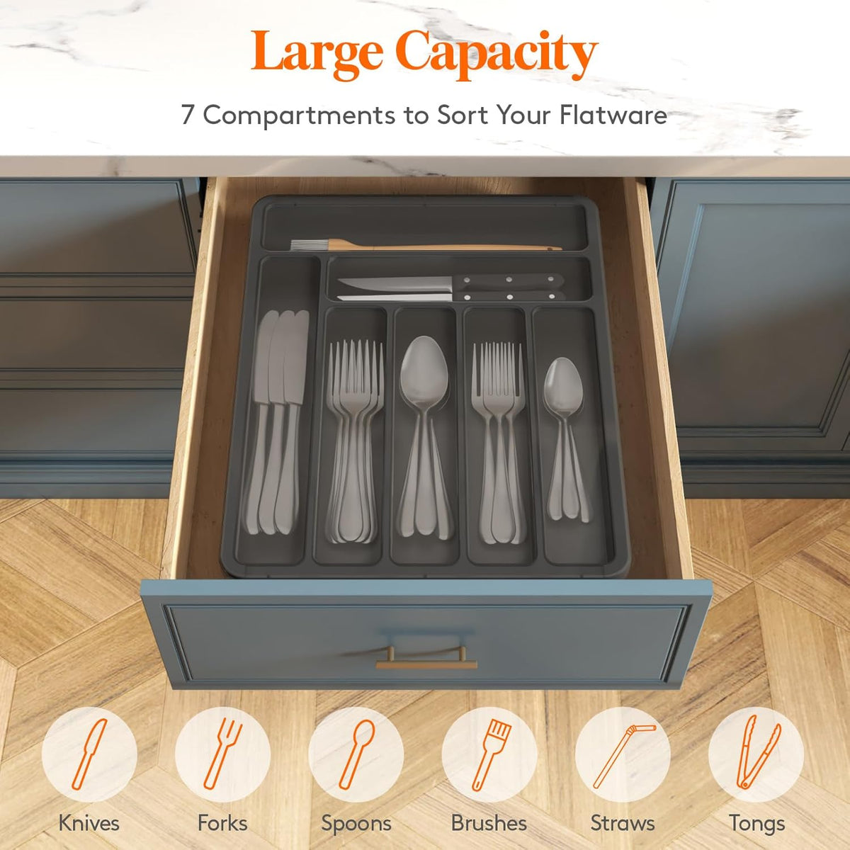 Silverware Organizer with Lid, Covered Utensil Tray, 12.6x11.8