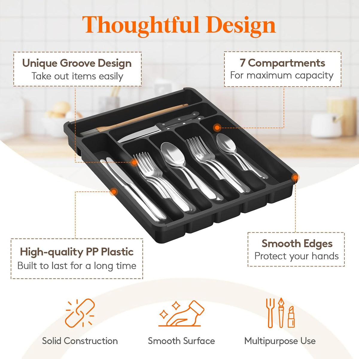 Silverware Organizer with Lid, Covered Utensil Tray, 12.6x11.8
