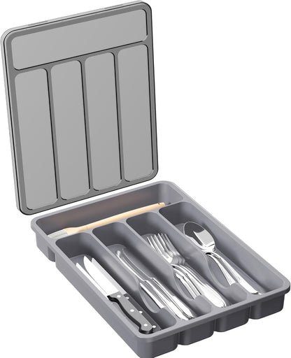 Silverware Organizer with Lid, Covered Utensil Tray, 12.6x11.8
