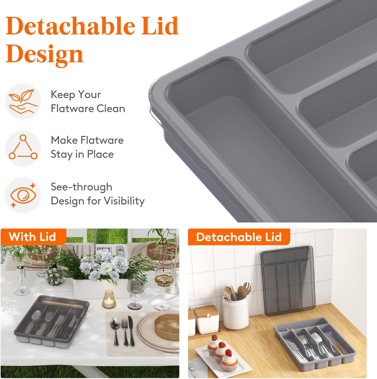Silverware Organizer with Lid, Covered Utensil Tray, 12.6x11.8
