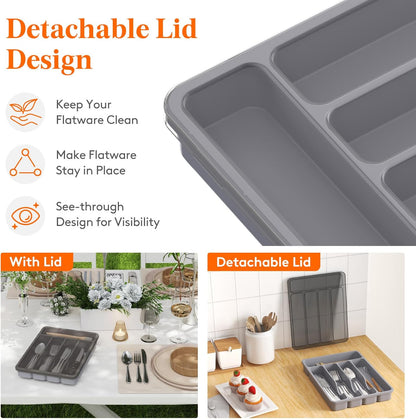Silverware Organizer with Lid, Covered Utensil Tray, 12.6x11.8