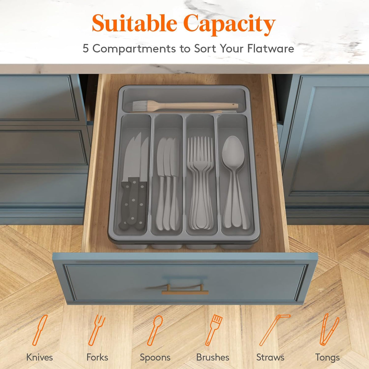Silverware Organizer with Lid, Covered Utensil Tray, 12.6x11.8