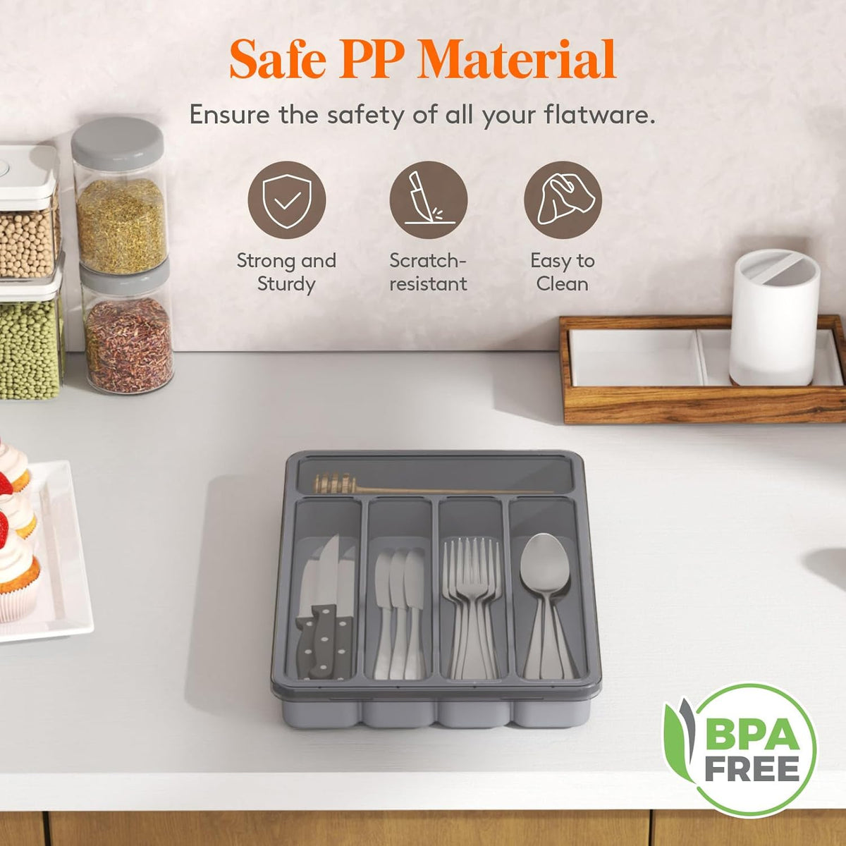 Silverware Organizer with Lid, Covered Utensil Tray, 12.6x11.8