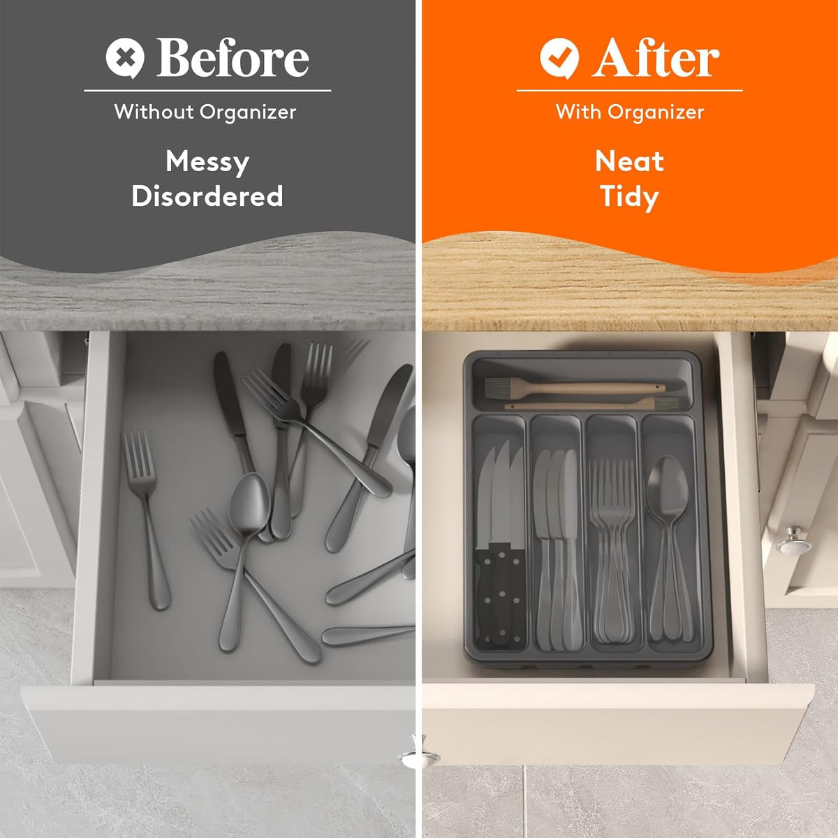 Silverware Organizer with Lid, Covered Utensil Tray, 12.6x11.8