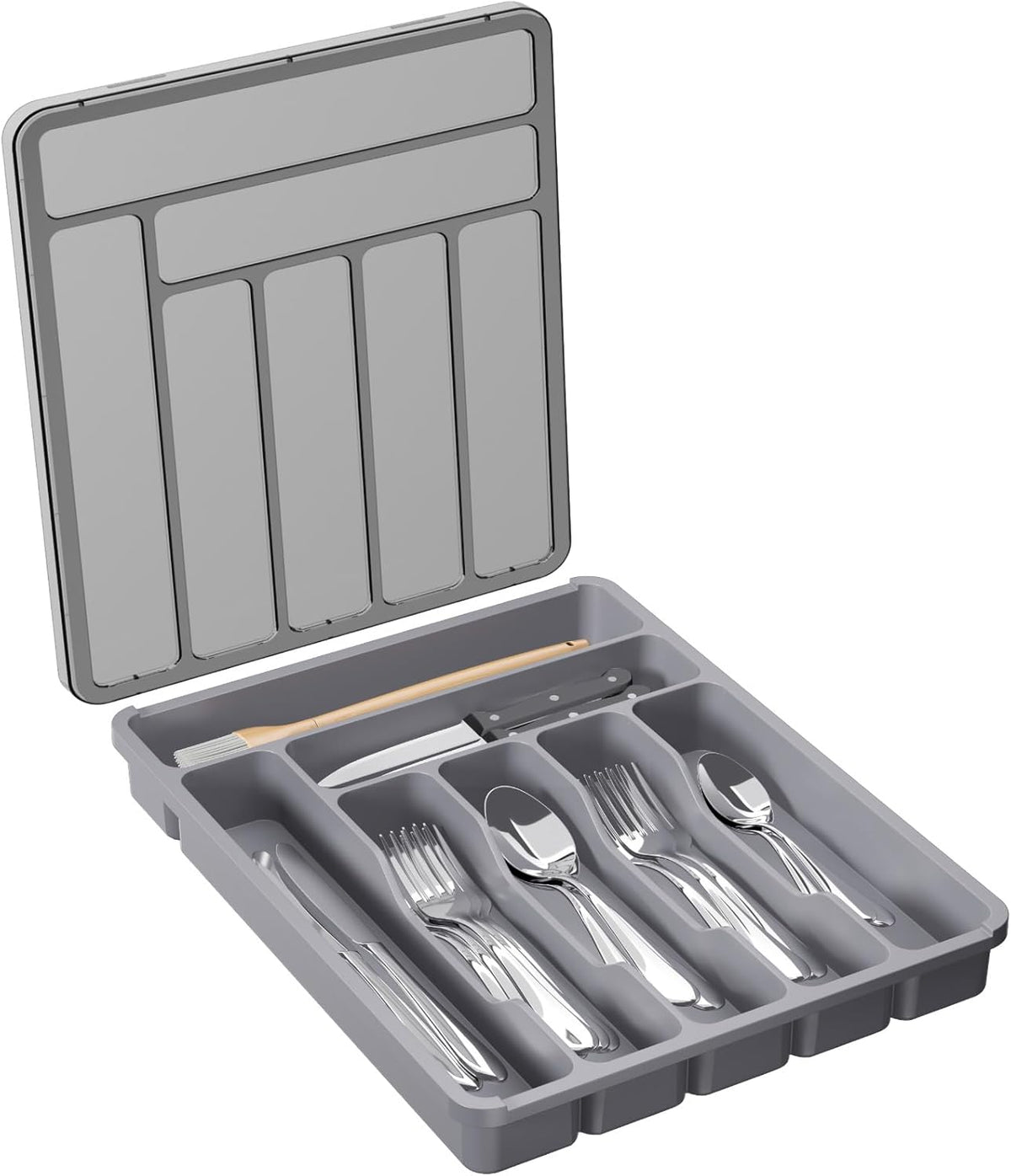 Silverware Organizer with Lid, Covered Utensil Tray, 12.6x11.8