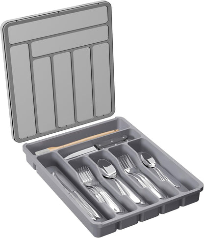 Silverware Organizer with Lid, Covered Utensil Tray, 12.6x11.8
