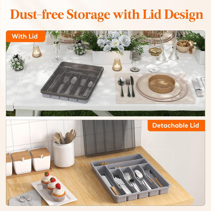 Silverware Organizer with Lid, Covered Utensil Tray, 12.6x11.8