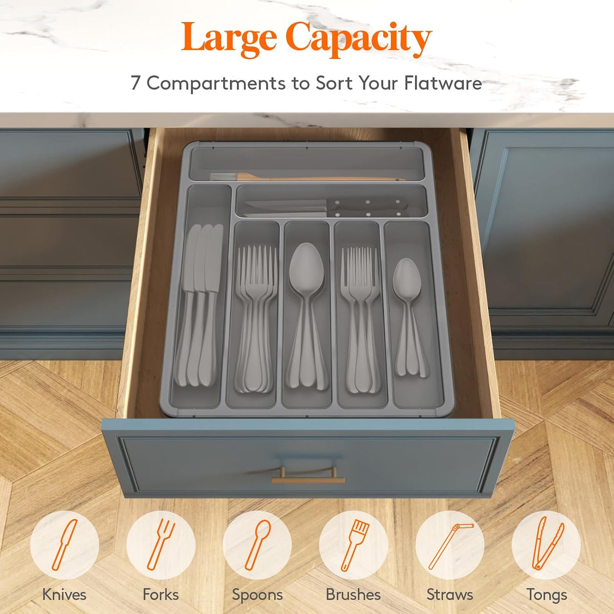 Silverware Organizer with Lid, Covered Utensil Tray, 12.6x11.8