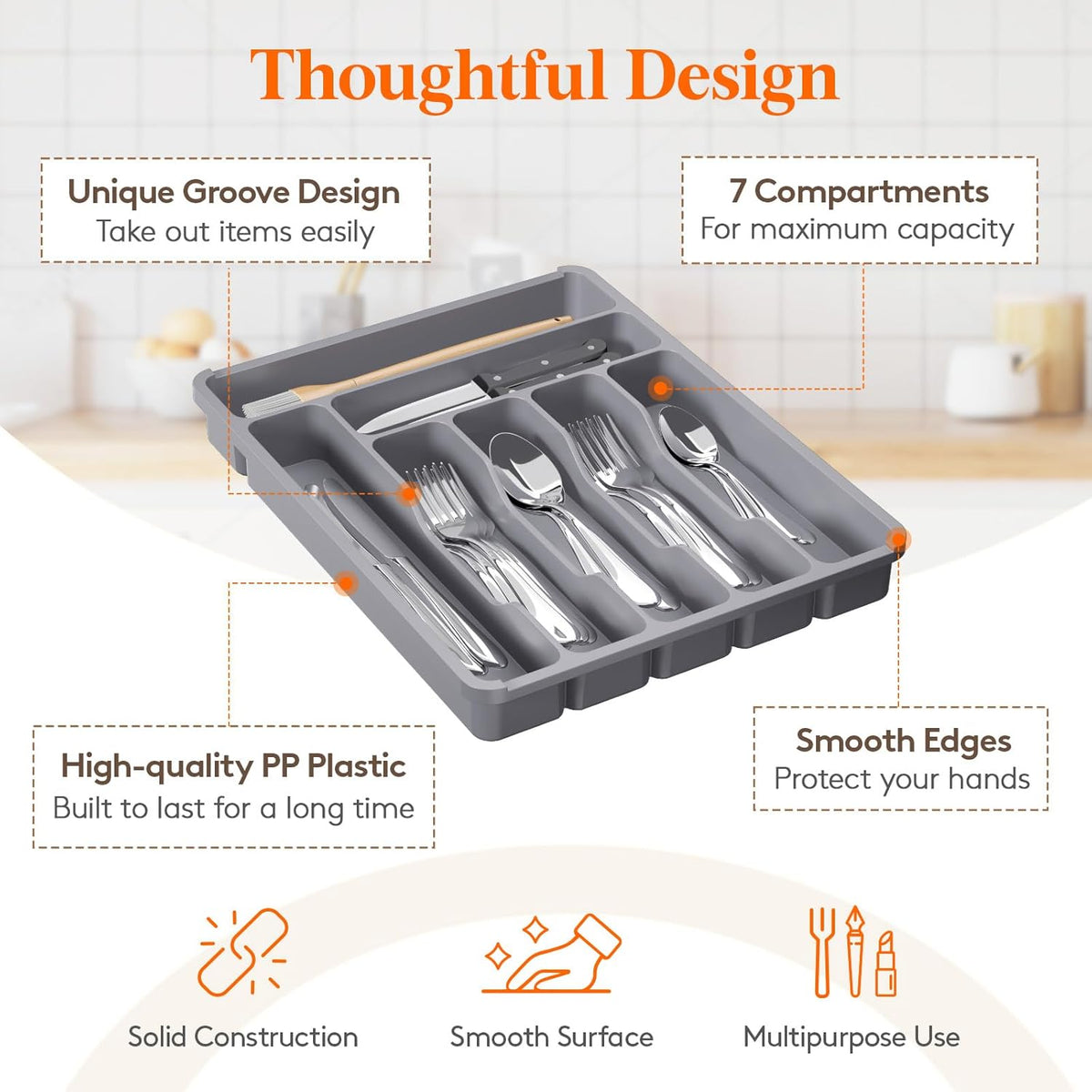 Silverware Organizer with Lid, Covered Utensil Tray, 12.6x11.8