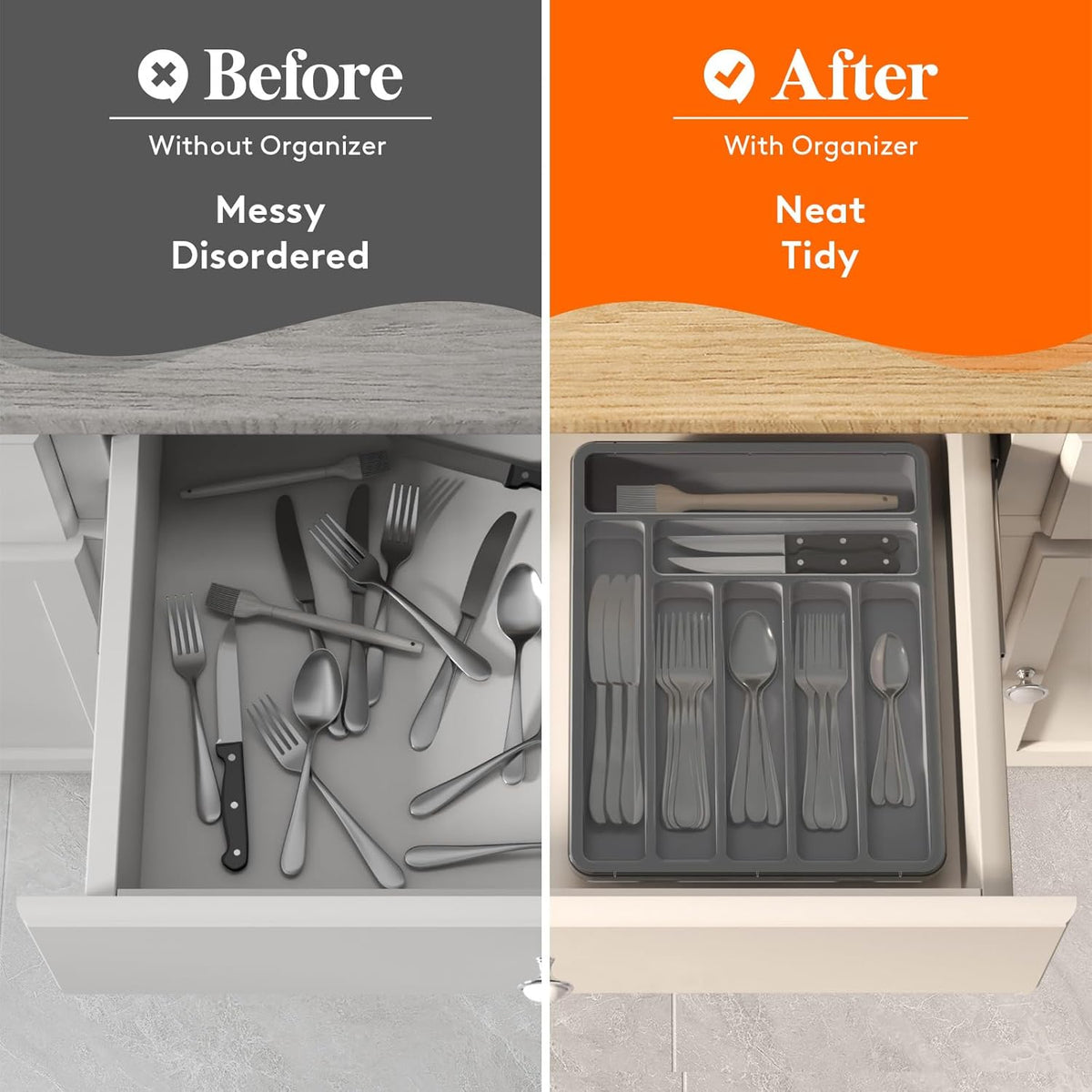 Silverware Organizer with Lid, Covered Utensil Tray, 12.6x11.8