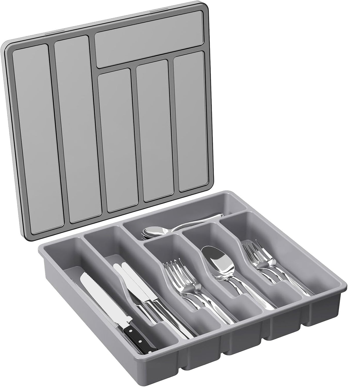 Silverware Organizer with Lid, Covered Utensil Tray, 12.6x11.8