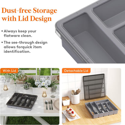 Silverware Organizer with Lid, Covered Utensil Tray, 12.6x11.8