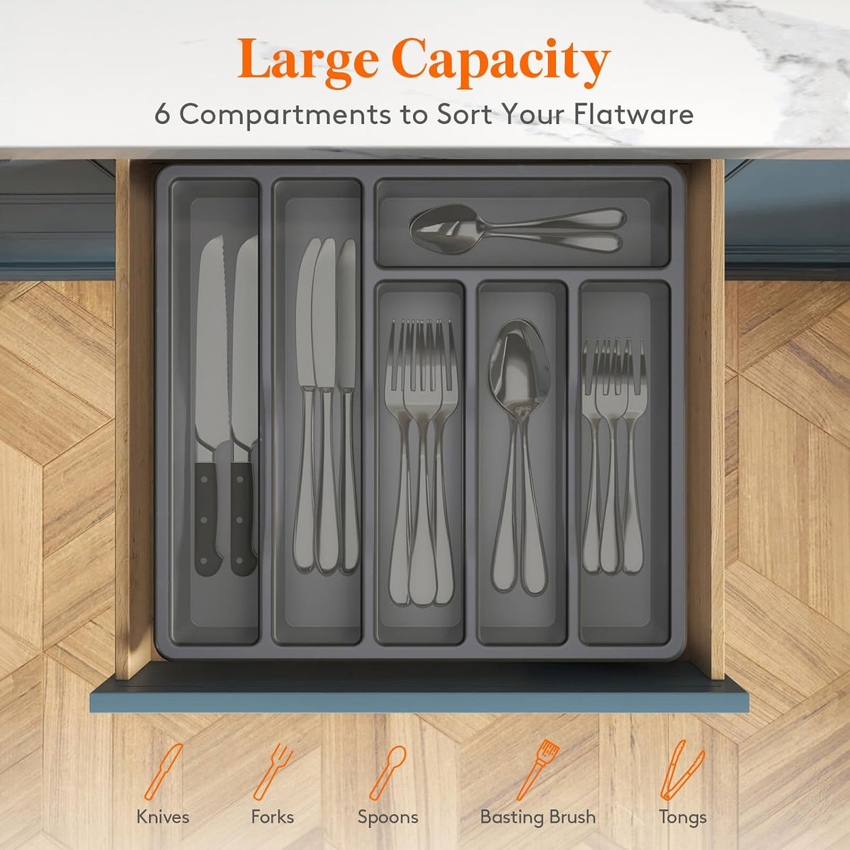 Silverware Organizer with Lid, Covered Utensil Tray, 12.6x11.8