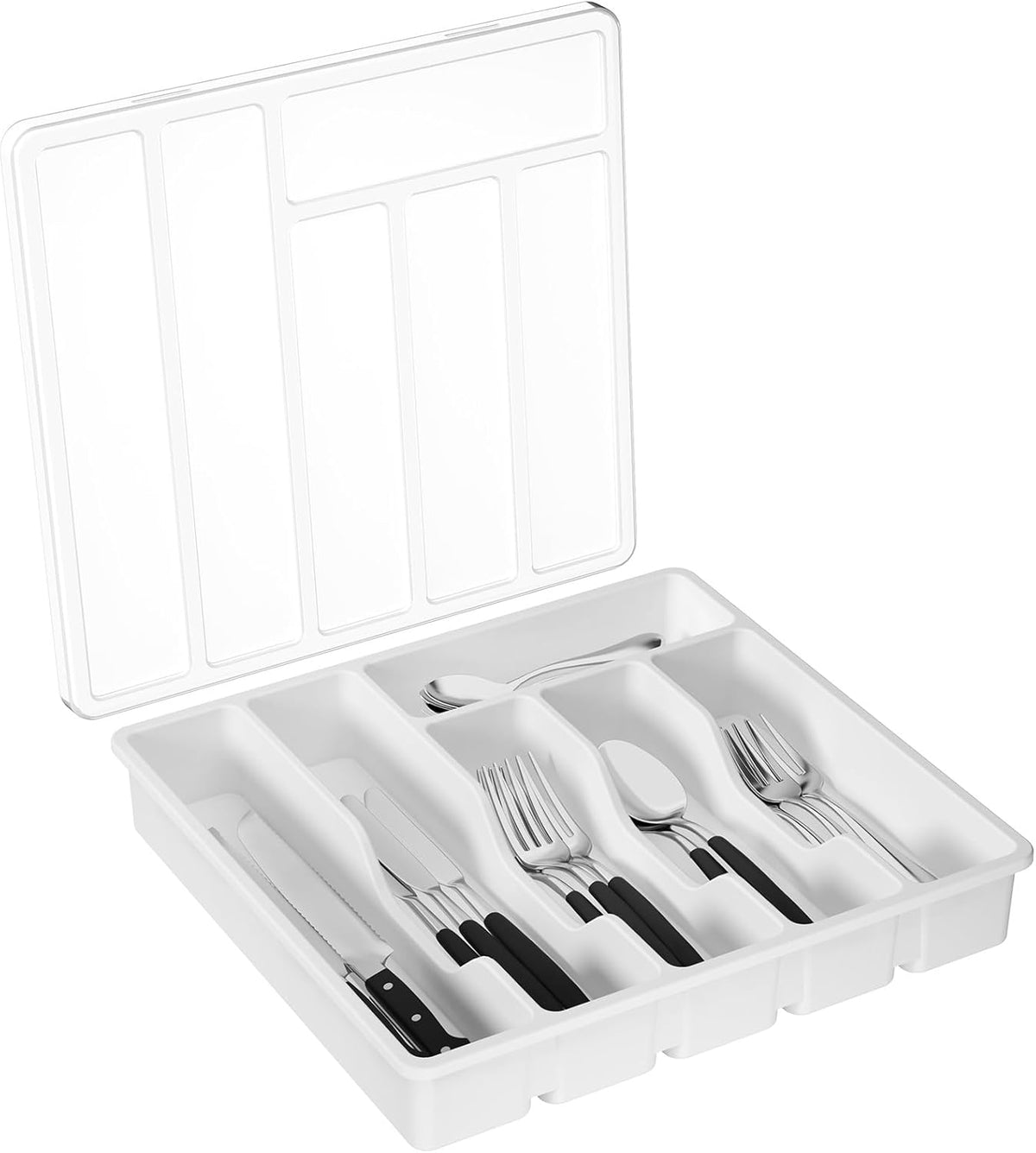 Silverware Organizer with Lid, Covered Utensil Tray, 12.6x11.8