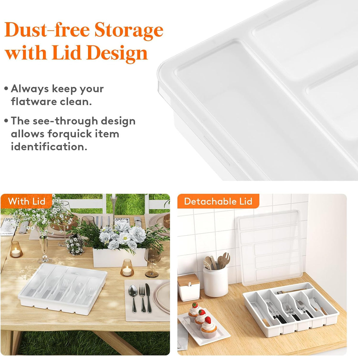 Silverware Organizer with Lid, Covered Utensil Tray, 12.6x11.8