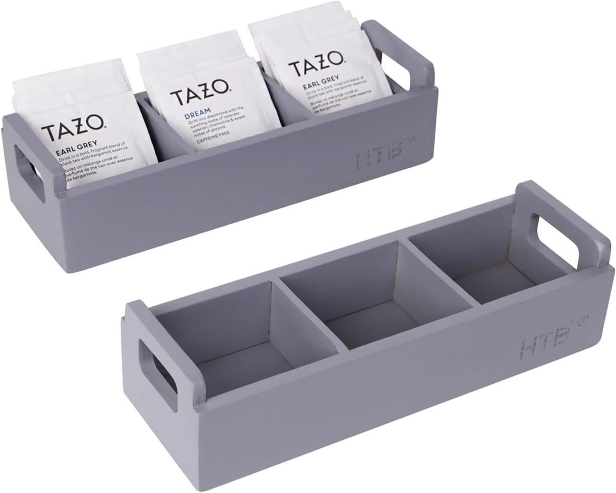 HTB Small Tea Bag Box Wooden, 3 Compartments Acacia Wood Tea Bag Chest with Handle, Mini Countertop Divided Storage Container for Beverage Supplies, Sugar, Sweeteners, Individual Packets