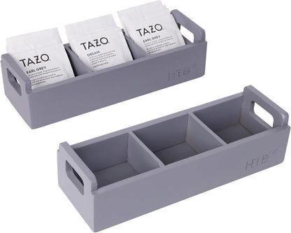 HTB Small Tea Bag Box Wooden, 3 Compartments Acacia Wood Tea Bag Chest with Handle, Mini Countertop Divided Storage Container for Beverage Supplies, Sugar, Sweeteners, Individual Packets