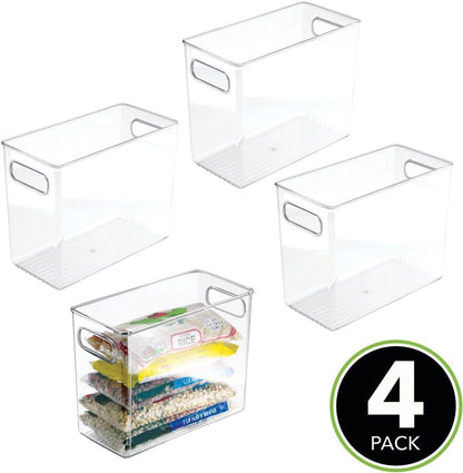 mDesign Plastic Deep Kitchen and Pantry Organizer Storage Bin with Handles for Cabinet, Fridge, Freezer - Food Storage Containers for Snacks, Yogurt Pouches or Fruit, Ligne Collection, 4 Pack, Clear