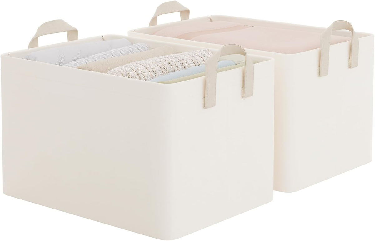 StorageWorks Storage Bins, Shelves Baskets for Organizing, Fabric Closet Organizers with Handles, Metal Frame, Beige-Cotton-linen, 2-Pack