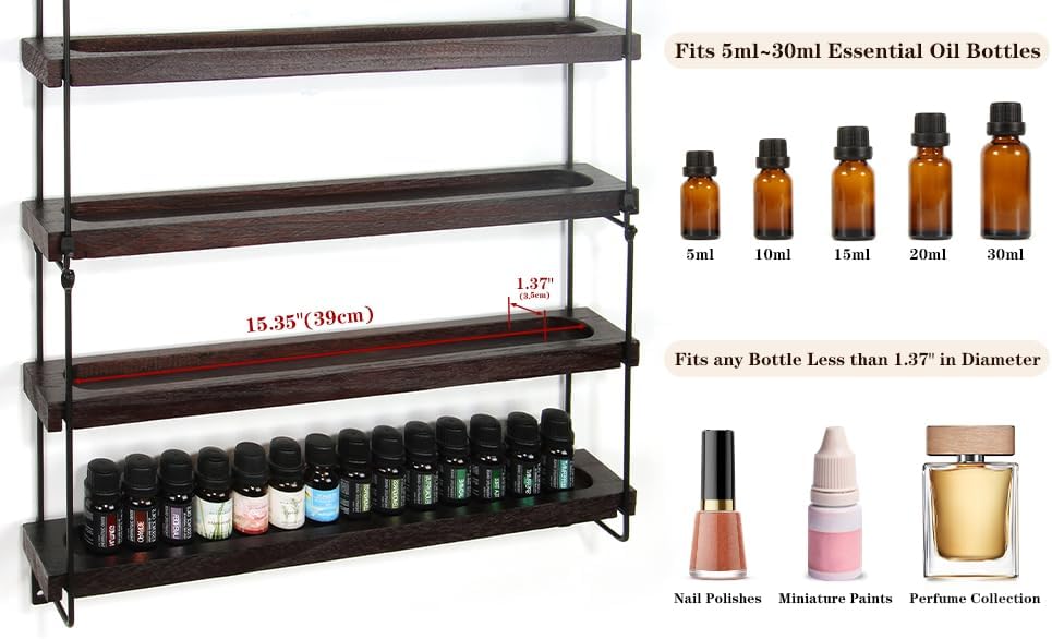 THYGIFTREE Essential Oil Storage Shelf Wall Mounted 16.9" Wooden Essential Oil Collection Display Rack Organizer 5 Tiers Holds 75 Bottles, Nail Polish Holder Paint Organizer