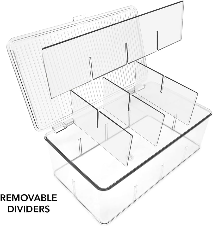 Isaac Jacobs Divided Clear Plastic Organizer (10.88" x 6.63" x 3.75") w/Hinged Lid & Removable Dividers, Stackable Box for Tea Bags, Office Supplies, Cosmetics, BPA-Free, Food Safe Pantry Container