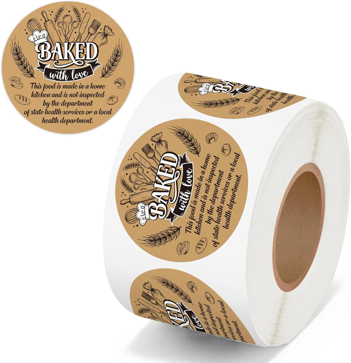 Cottage Food Law Labels Stickers - 500 Count Homemade with Love Adhesive Round Decal Roll, Made in a Home Kitchen Inspection Statement Thermal Printed for Baked Food Packaging (2 x 2 Inch)