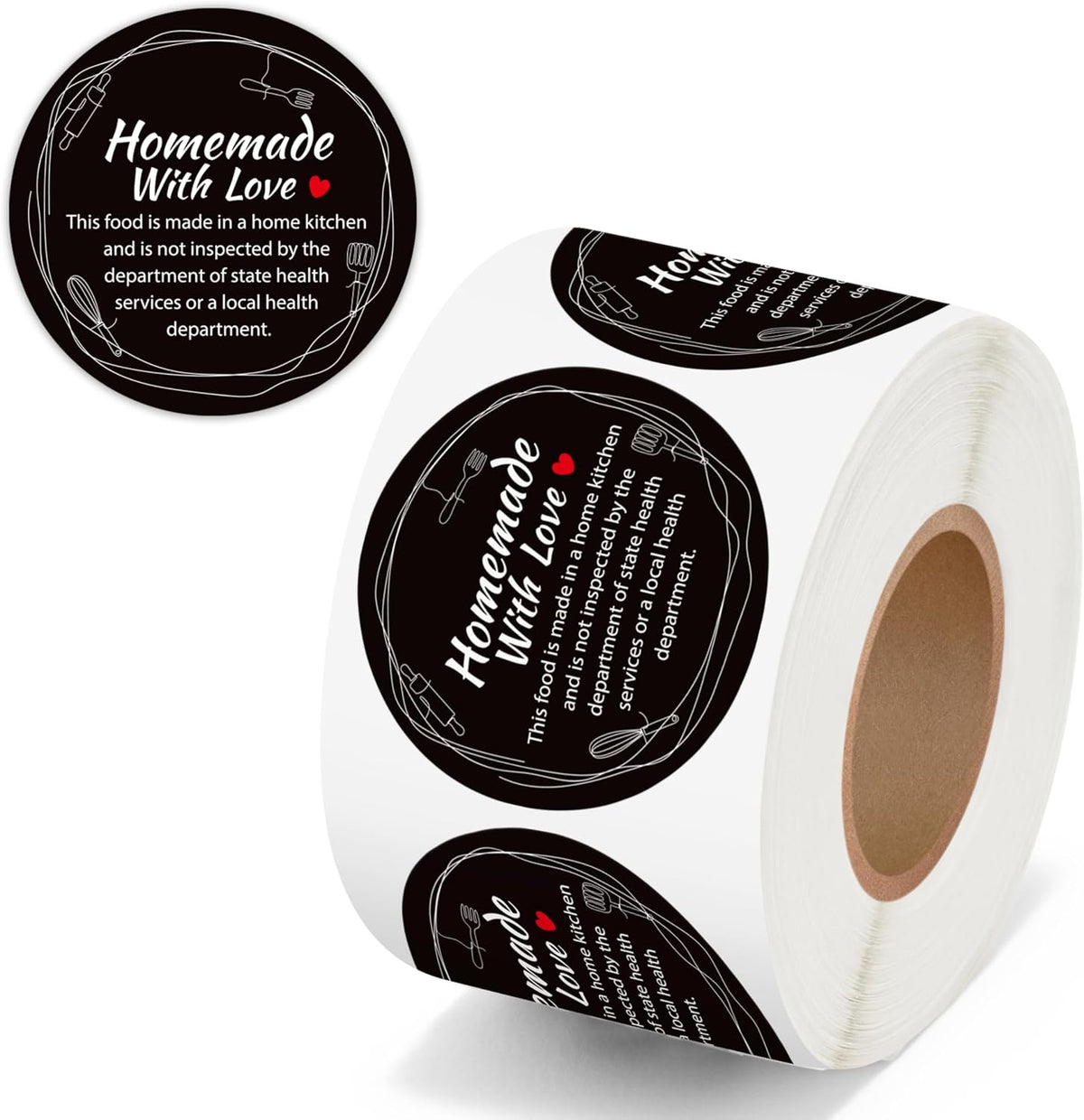 Cottage Food Law Labels Stickers - 500 Count Homemade with Love Adhesive Round Decal Roll, Made in a Home Kitchen Inspection Statement Thermal Printed for Baked Food Packaging (2 x 2 Inch)