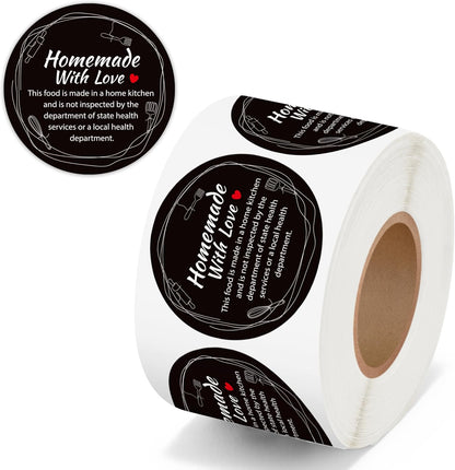 Cottage Food Law Labels Stickers - 500 Count Homemade with Love Adhesive Round Decal Roll, Made in a Home Kitchen Inspection Statement Thermal Printed for Baked Food Packaging (2 x 2 Inch)