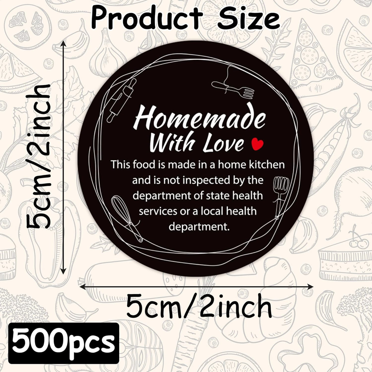 Cottage Food Law Labels Stickers - 500 Count Homemade with Love Adhesive Round Decal Roll, Made in a Home Kitchen Inspection Statement Thermal Printed for Baked Food Packaging (2 x 2 Inch)