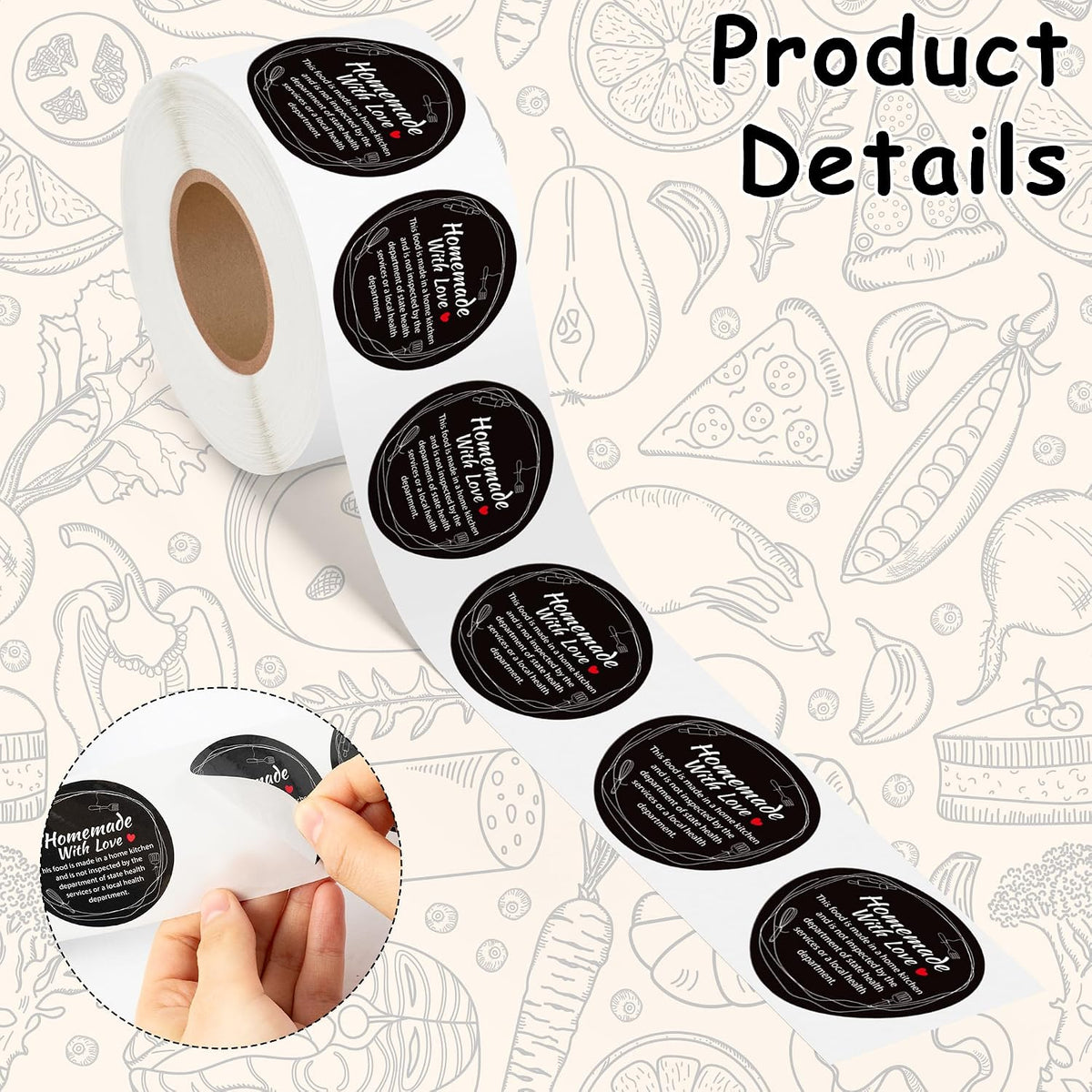 Cottage Food Law Labels Stickers - 500 Count Homemade with Love Adhesive Round Decal Roll, Made in a Home Kitchen Inspection Statement Thermal Printed for Baked Food Packaging (2 x 2 Inch)