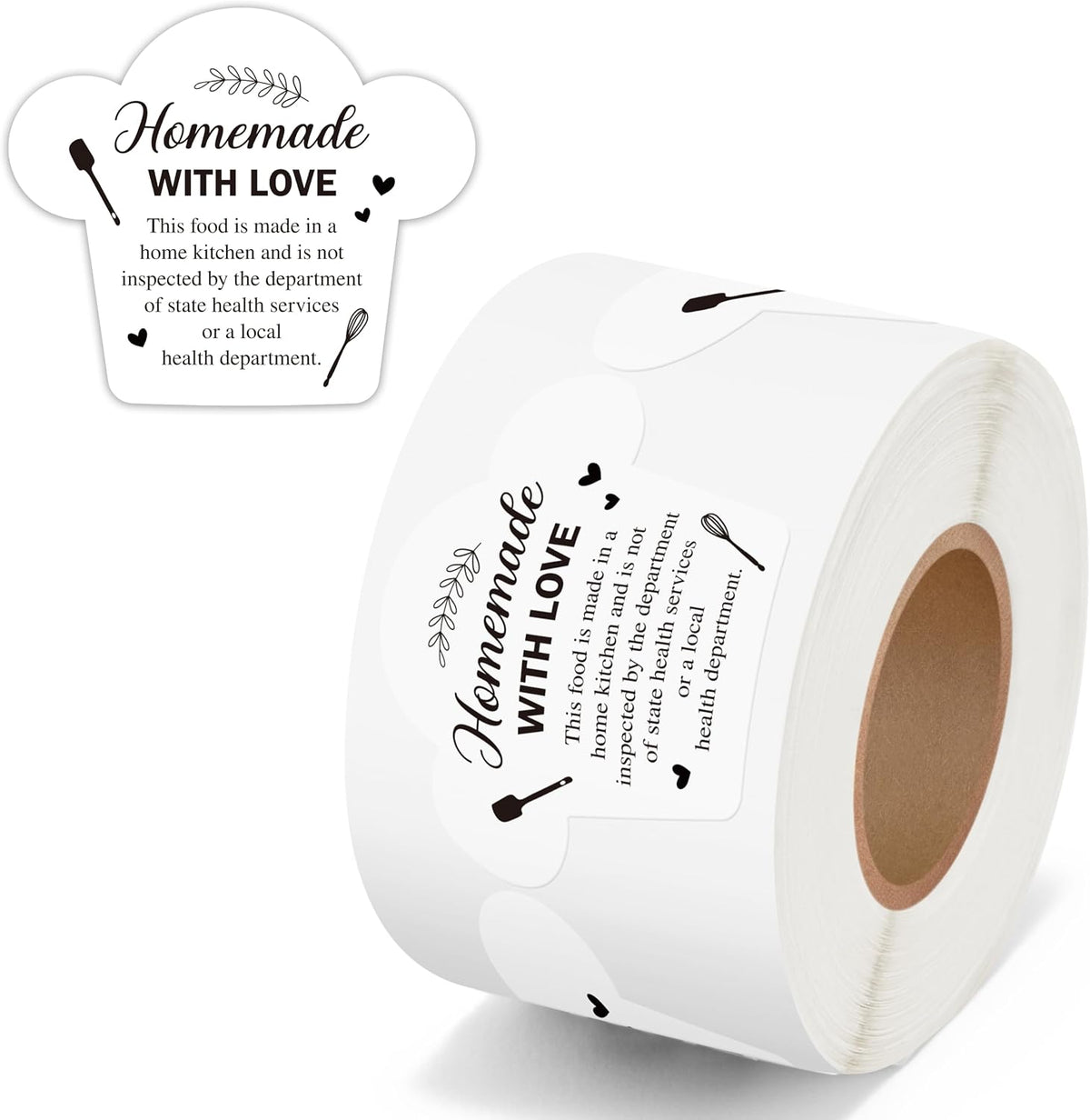Cottage Food Law Labels Stickers - 500 Count Homemade with Love Adhesive Round Decal Roll, Made in a Home Kitchen Inspection Statement Thermal Printed for Baked Food Packaging (2 x 2 Inch)