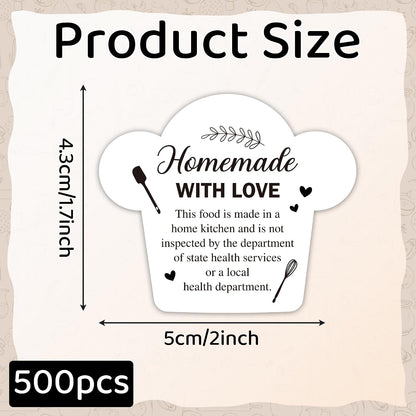 Cottage Food Law Labels Stickers - 500 Count Homemade with Love Adhesive Round Decal Roll, Made in a Home Kitchen Inspection Statement Thermal Printed for Baked Food Packaging (2 x 2 Inch)