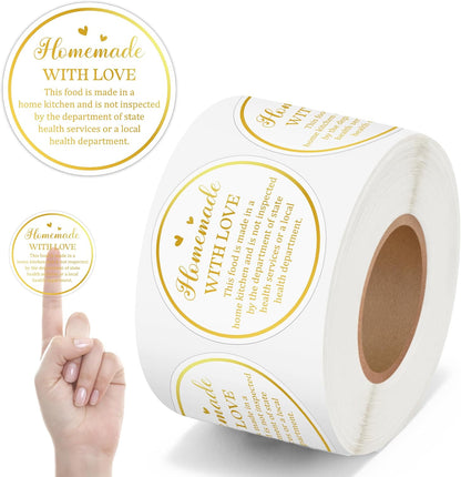 Cottage Food Law Labels Stickers - 500 Count Homemade with Love Adhesive Round Decal Roll, Made in a Home Kitchen Inspection Statement Thermal Printed for Baked Food Packaging (2 x 2 Inch)