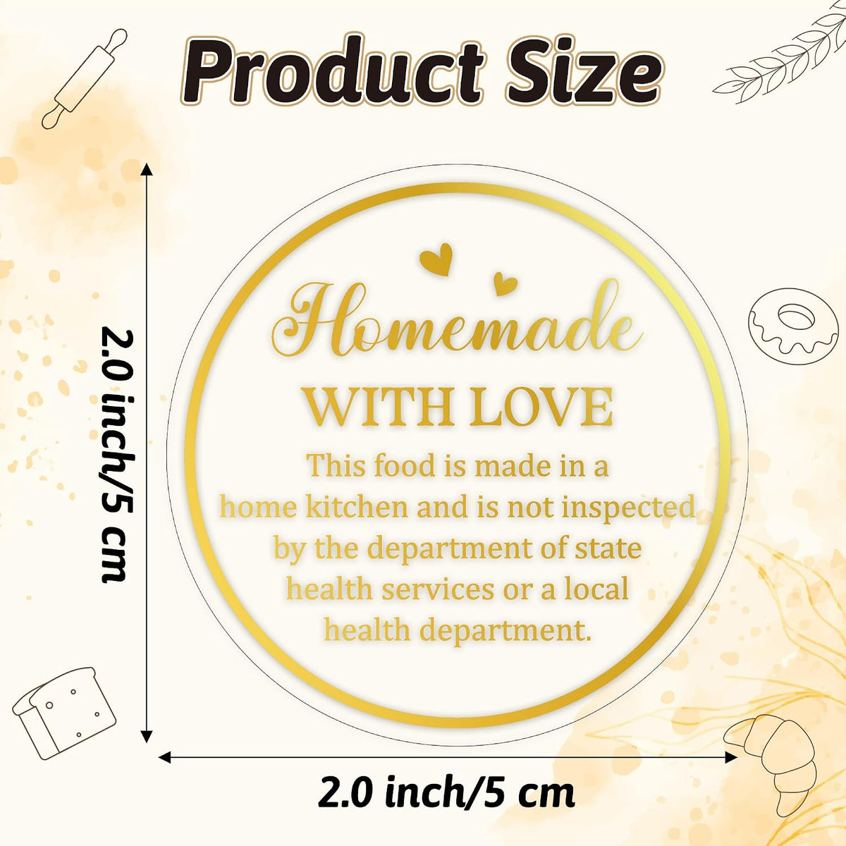 Cottage Food Law Labels Stickers - 500 Count Homemade with Love Adhesive Round Decal Roll, Made in a Home Kitchen Inspection Statement Thermal Printed for Baked Food Packaging (2 x 2 Inch)