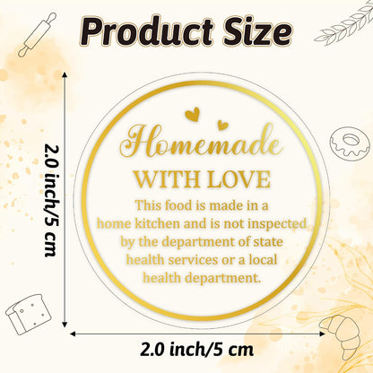 Cottage Food Law Labels Stickers - 500 Count Homemade with Love Adhesive Round Decal Roll, Made in a Home Kitchen Inspection Statement Thermal Printed for Baked Food Packaging (2 x 2 Inch)