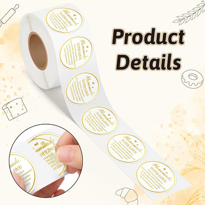 Cottage Food Law Labels Stickers - 500 Count Homemade with Love Adhesive Round Decal Roll, Made in a Home Kitchen Inspection Statement Thermal Printed for Baked Food Packaging (2 x 2 Inch)
