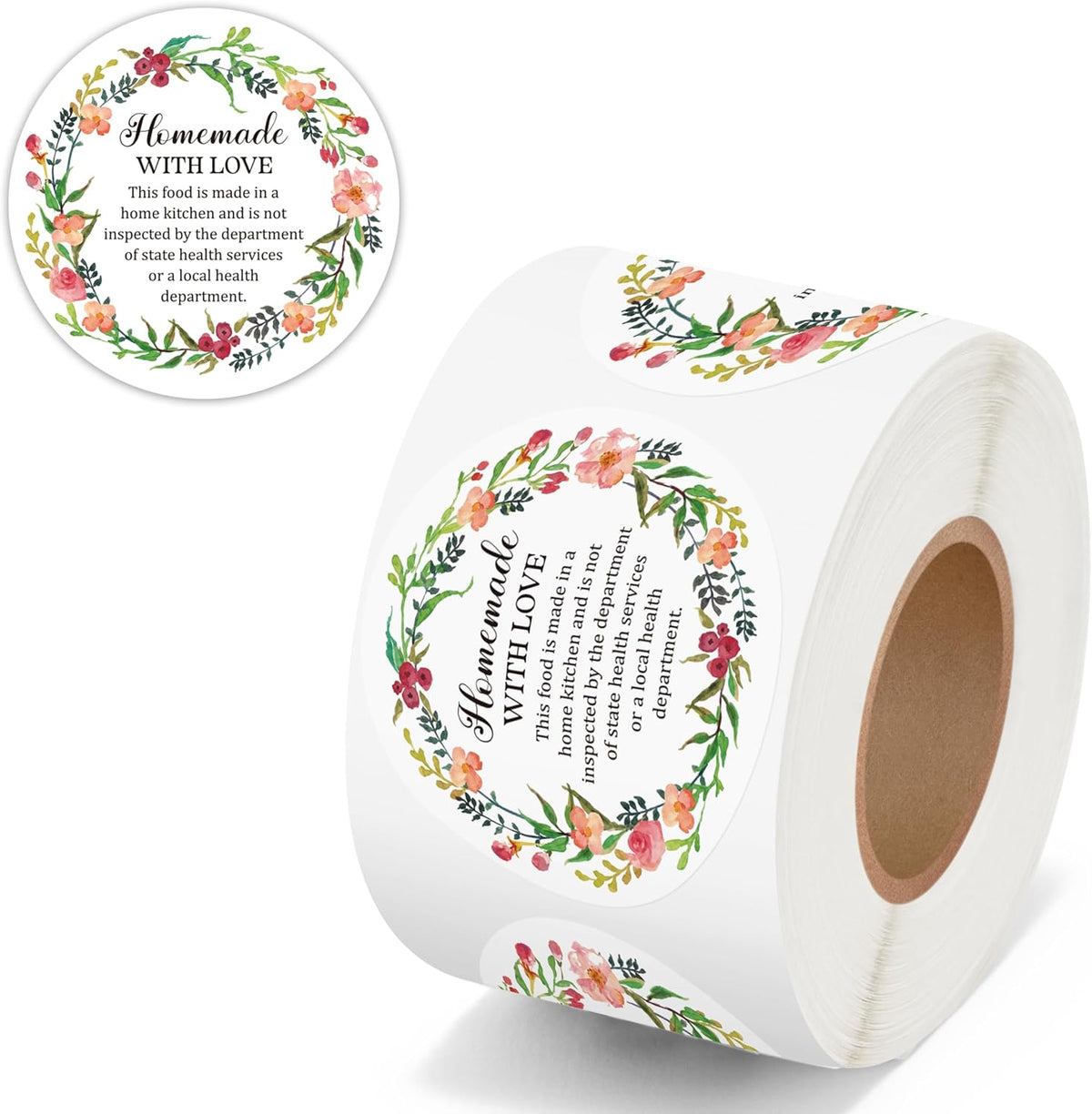 Cottage Food Law Labels Stickers - 500 Count Homemade with Love Adhesive Round Decal Roll, Made in a Home Kitchen Inspection Statement Thermal Printed for Baked Food Packaging (2 x 2 Inch)