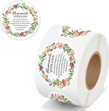 Cottage Food Law Labels Stickers - 500 Count Homemade with Love Adhesive Round Decal Roll, Made in a Home Kitchen Inspection Statement Thermal Printed for Baked Food Packaging (2 x 2 Inch)