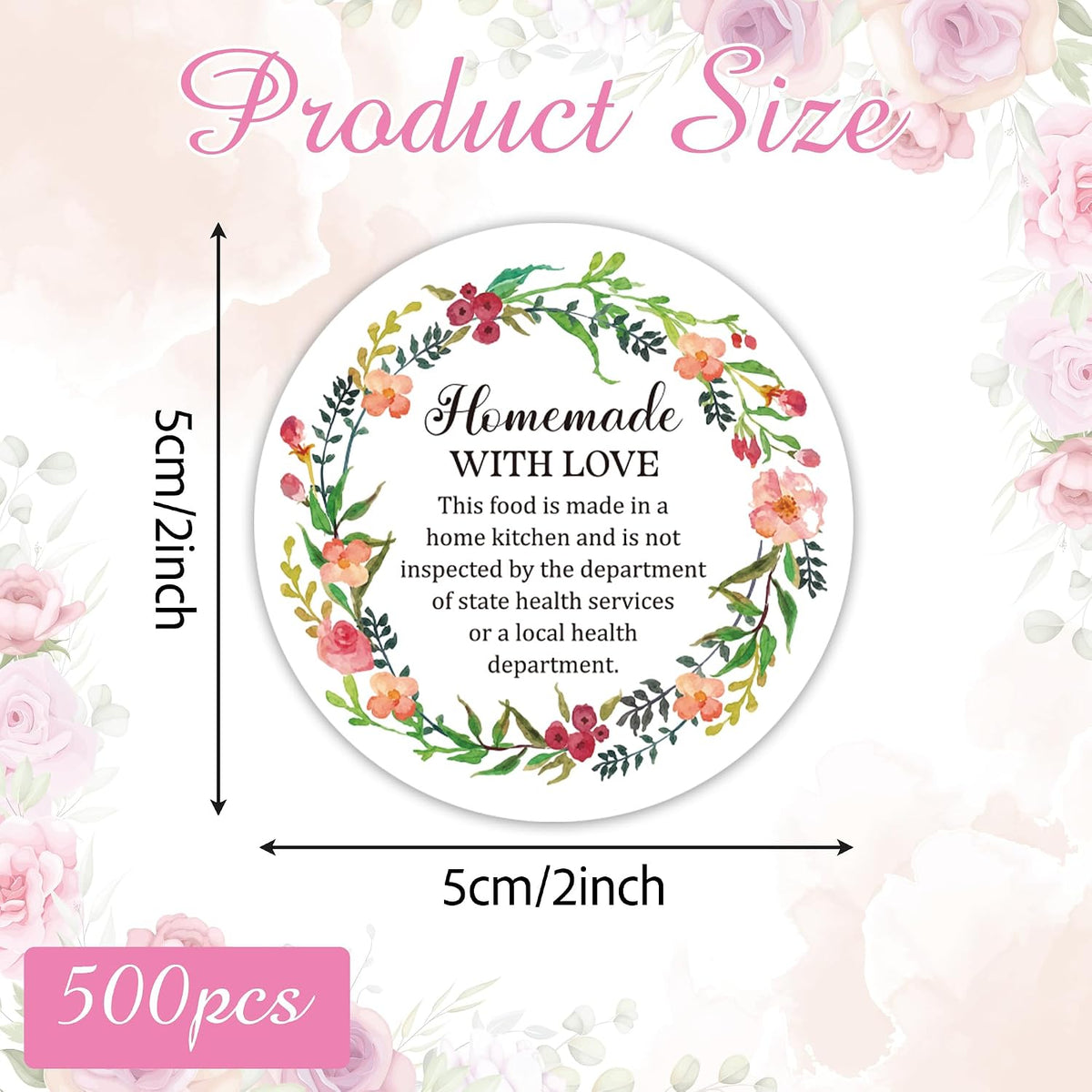 Cottage Food Law Labels Stickers - 500 Count Homemade with Love Adhesive Round Decal Roll, Made in a Home Kitchen Inspection Statement Thermal Printed for Baked Food Packaging (2 x 2 Inch)
