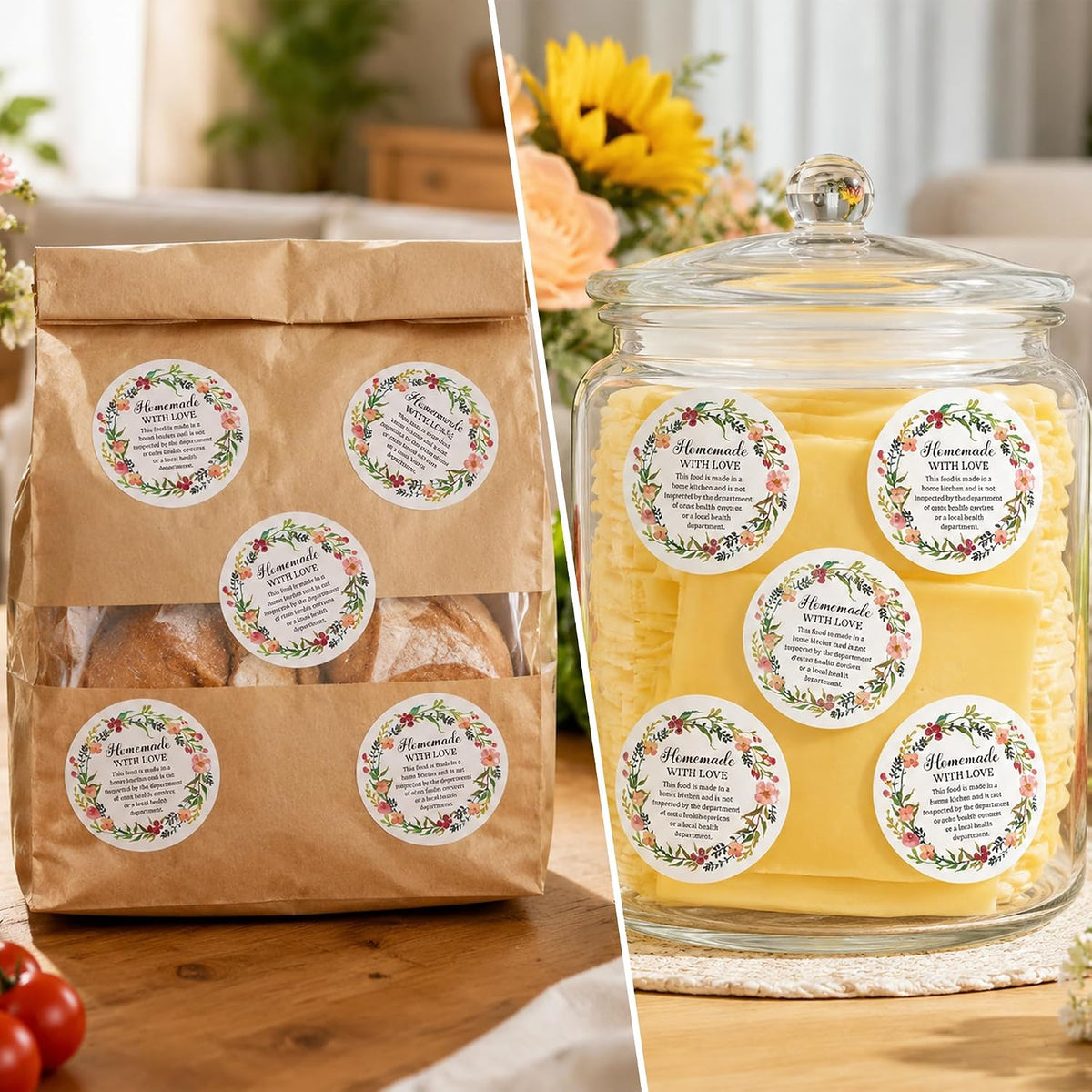 Cottage Food Law Labels Stickers - 500 Count Homemade with Love Adhesive Round Decal Roll, Made in a Home Kitchen Inspection Statement Thermal Printed for Baked Food Packaging (2 x 2 Inch)