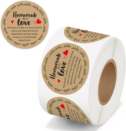 Cottage Food Law Labels Stickers - 500 Count Homemade with Love Adhesive Round Decal Roll, Made in a Home Kitchen Inspection Statement Thermal Printed for Baked Food Packaging (2 x 2 Inch)