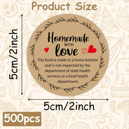 Cottage Food Law Labels Stickers - 500 Count Homemade with Love Adhesive Round Decal Roll, Made in a Home Kitchen Inspection Statement Thermal Printed for Baked Food Packaging (2 x 2 Inch)