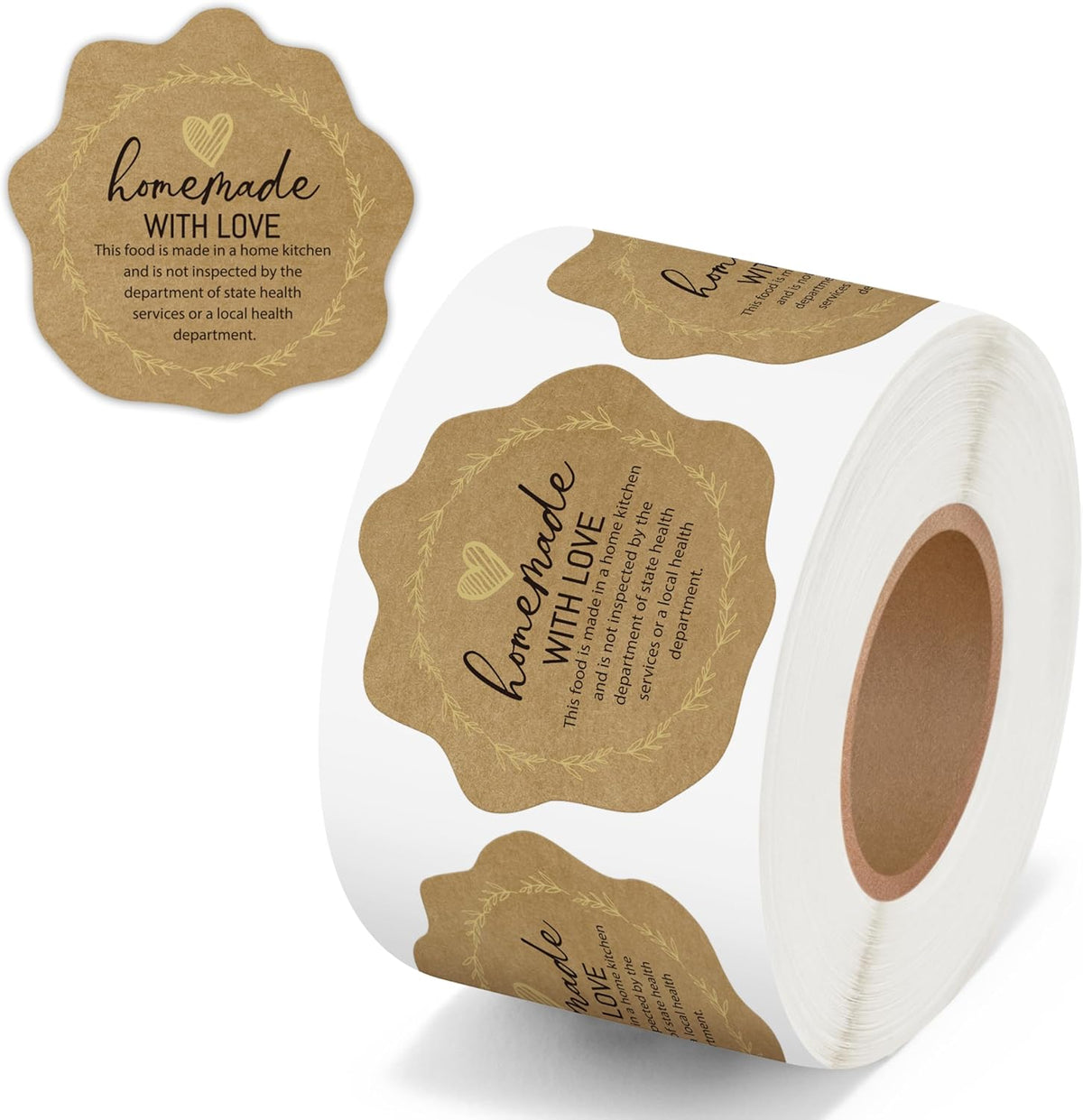 Cottage Food Law Labels Stickers - 500 Count Homemade with Love Adhesive Round Decal Roll, Made in a Home Kitchen Inspection Statement Thermal Printed for Baked Food Packaging (2 x 2 Inch)