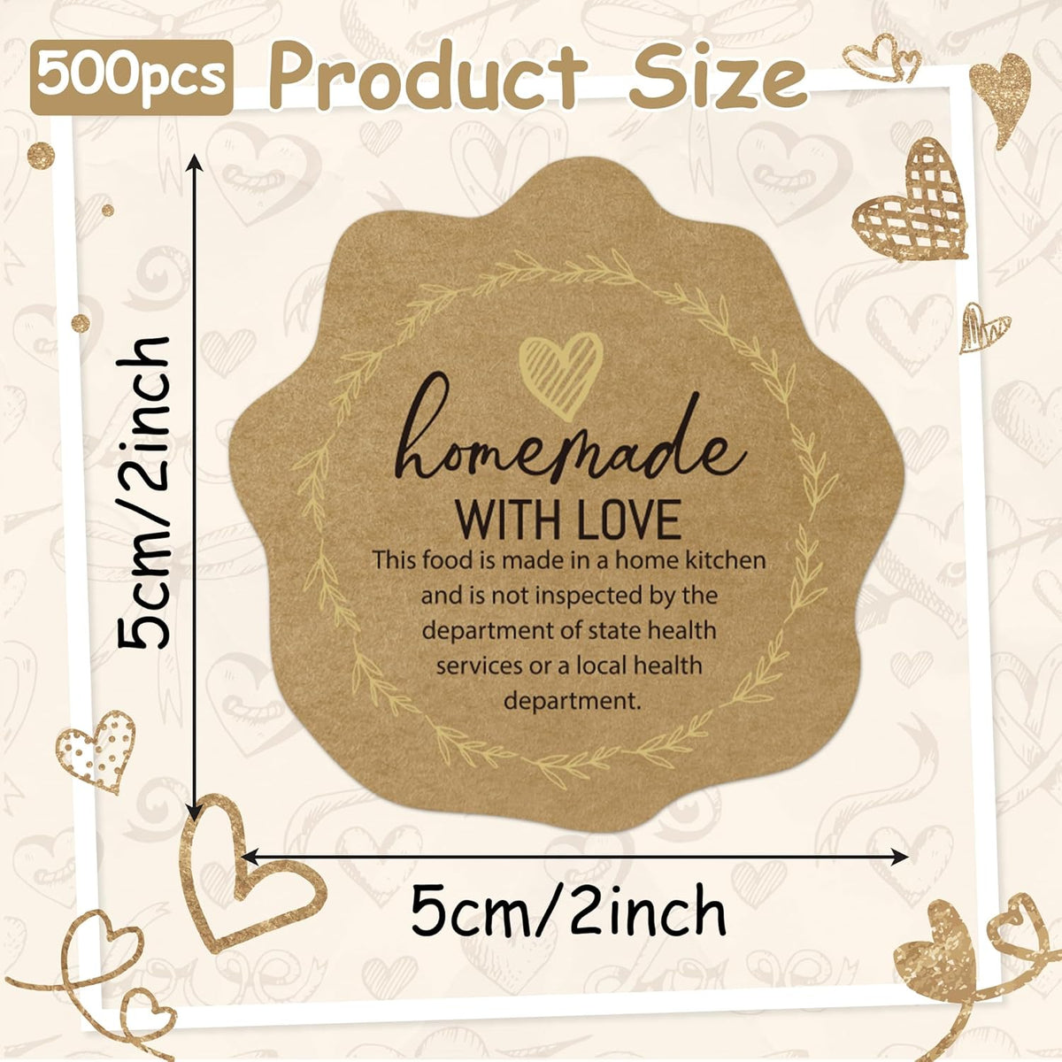 Cottage Food Law Labels Stickers - 500 Count Homemade with Love Adhesive Round Decal Roll, Made in a Home Kitchen Inspection Statement Thermal Printed for Baked Food Packaging (2 x 2 Inch)