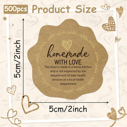 Cottage Food Law Labels Stickers - 500 Count Homemade with Love Adhesive Round Decal Roll, Made in a Home Kitchen Inspection Statement Thermal Printed for Baked Food Packaging (2 x 2 Inch)