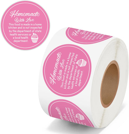 Cottage Food Law Labels Stickers - 500 Count Homemade with Love Adhesive Round Decal Roll, Made in a Home Kitchen Inspection Statement Thermal Printed for Baked Food Packaging (2 x 2 Inch)