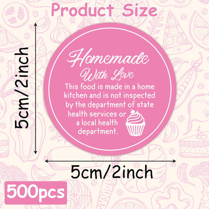 Cottage Food Law Labels Stickers - 500 Count Homemade with Love Adhesive Round Decal Roll, Made in a Home Kitchen Inspection Statement Thermal Printed for Baked Food Packaging (2 x 2 Inch)
