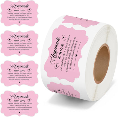 Cottage Food Law Labels Stickers - 500 Count Homemade with Love Adhesive Round Decal Roll, Made in a Home Kitchen Inspection Statement Thermal Printed for Baked Food Packaging (2 x 2 Inch)