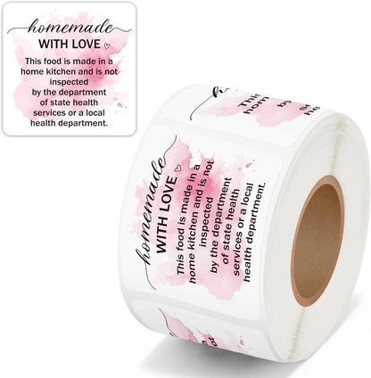 Cottage Food Law Labels Stickers - 500 Count Homemade with Love Adhesive Round Decal Roll, Made in a Home Kitchen Inspection Statement Thermal Printed for Baked Food Packaging (2 x 2 Inch)