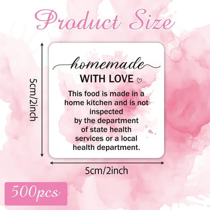 Cottage Food Law Labels Stickers - 500 Count Homemade with Love Adhesive Round Decal Roll, Made in a Home Kitchen Inspection Statement Thermal Printed for Baked Food Packaging (2 x 2 Inch)
